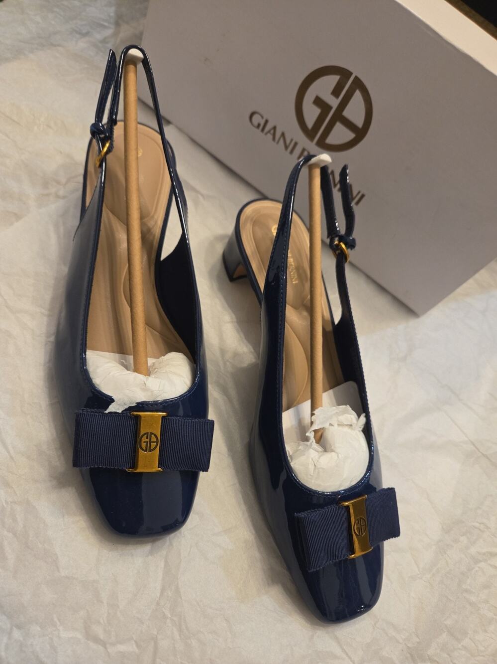 Women's Giani Bernini Battah Block Heel Slingback Pumps Navy Patent Us 6.5